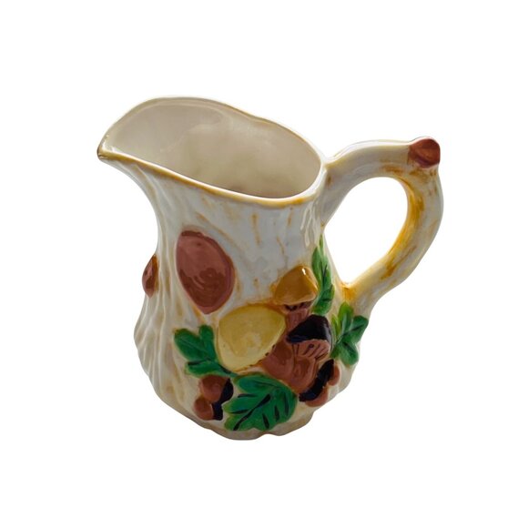 Vintage Hand-Painted Ceramic Harvest-Themed Pitcher W/ Mushrooms, Nuts, Leaves - Picture 1 of 7